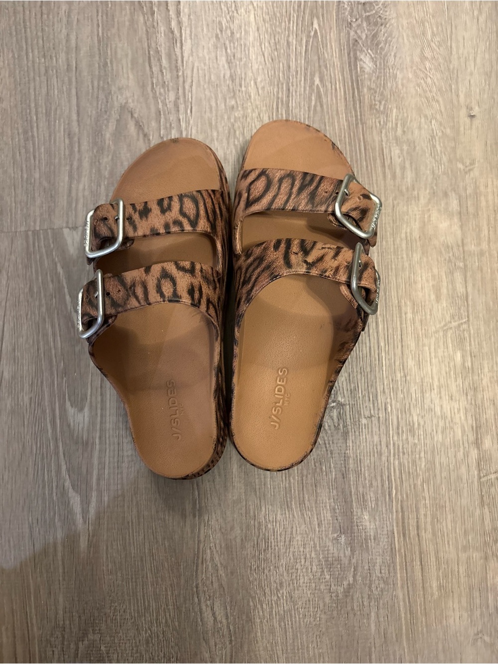 Maude’s Leopard Print Double Buckle Slides - Brown/Tan